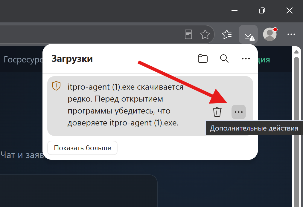 Панель загрузок: три точки «Дополнительные действия»